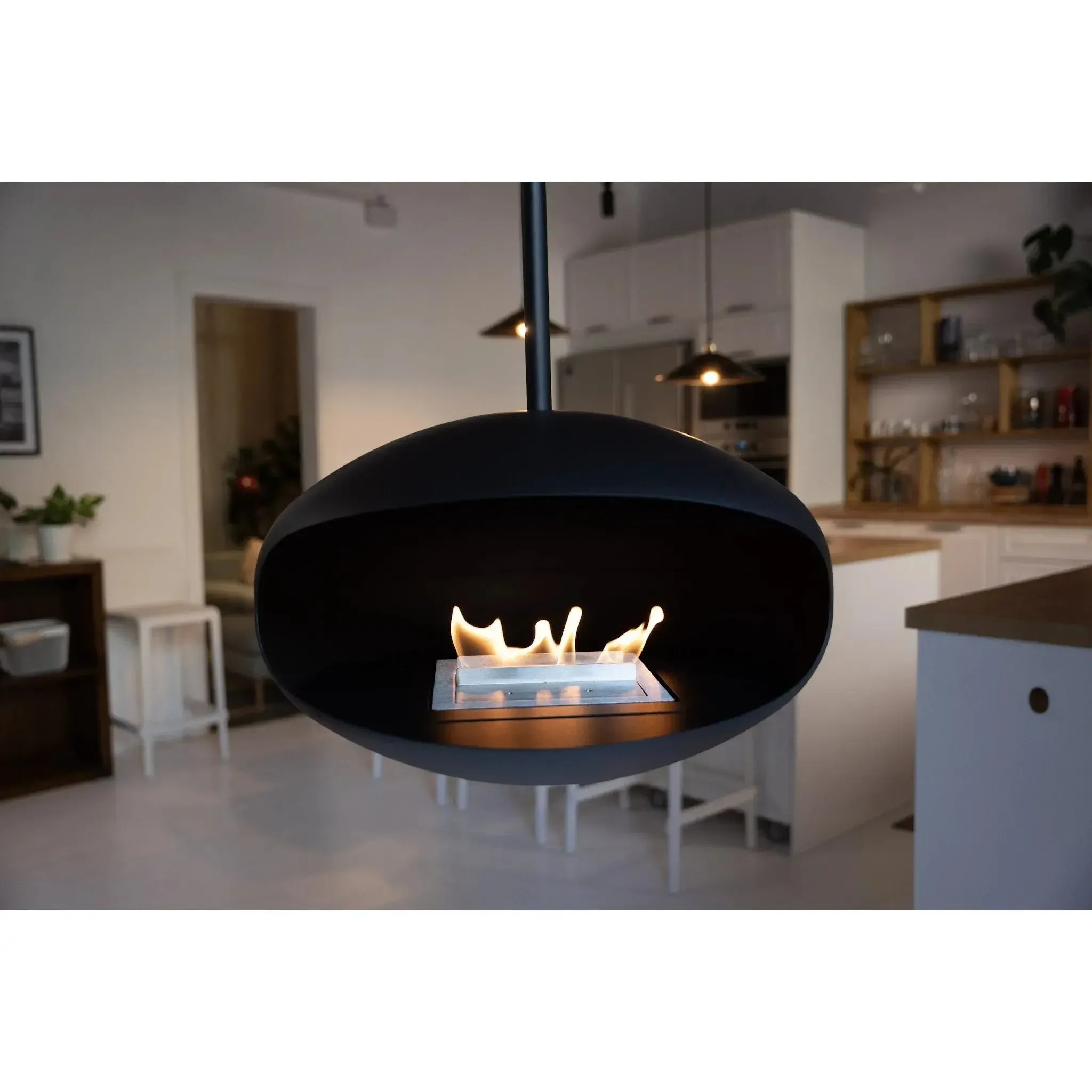Cocoon Aeris Hanging Ethanol Fireplace - Matt Black With Angled Pole - Image 3