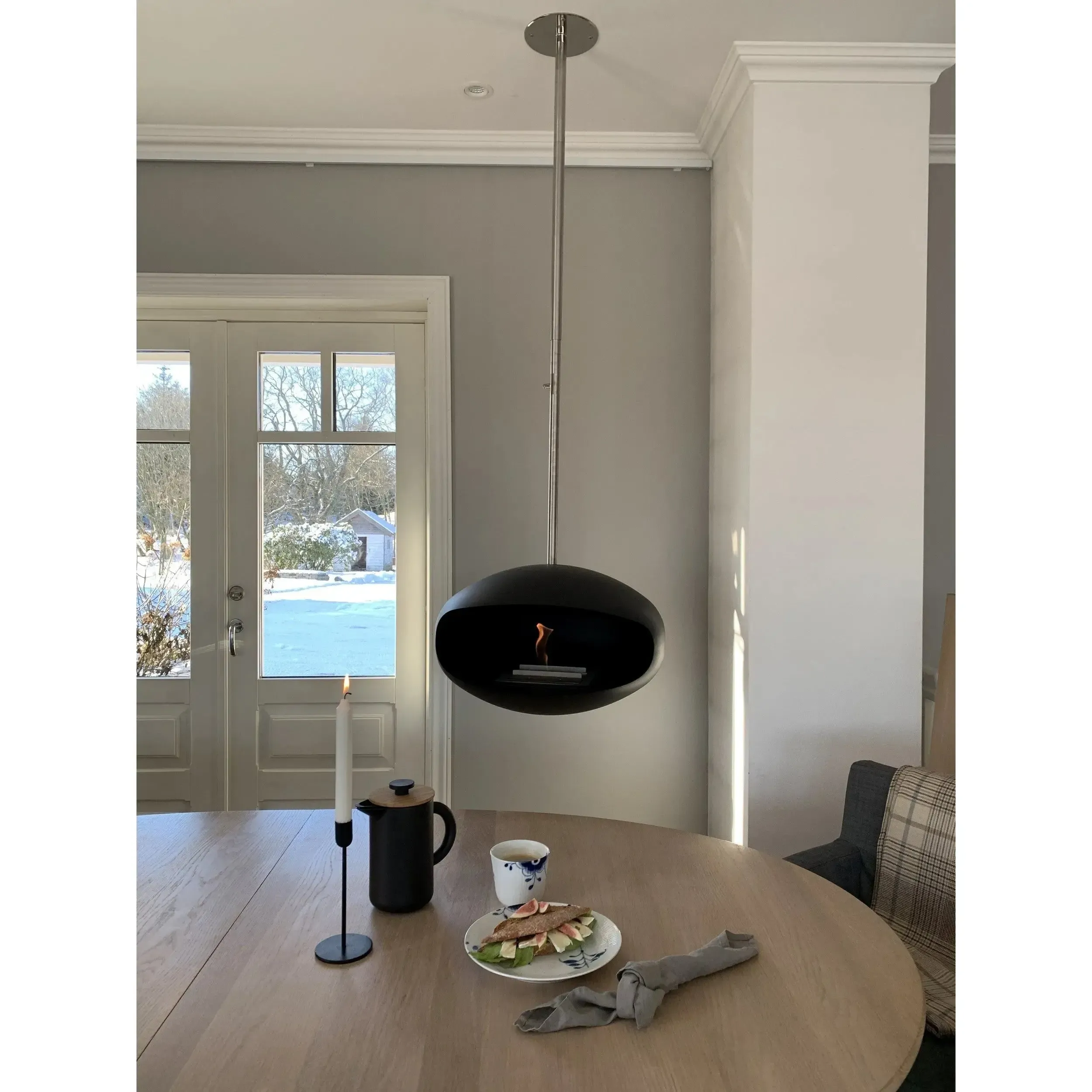 Cocoon Aeris Hanging Ethanol Fireplace - Matt Black With Straight Pole - Image 3