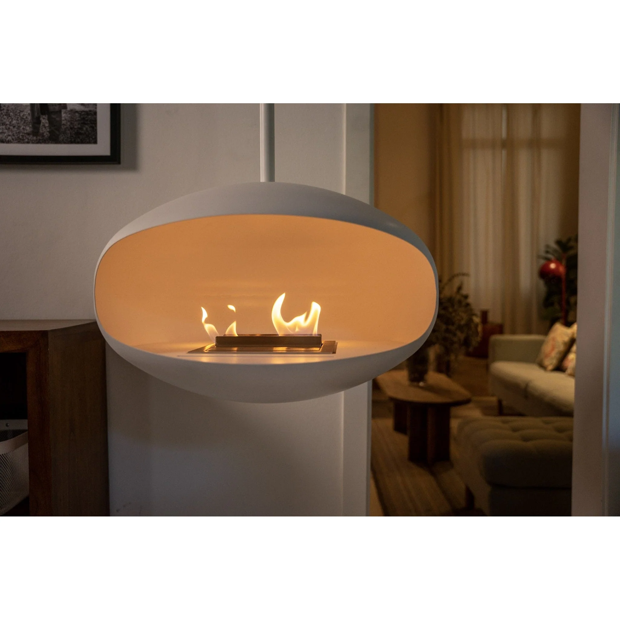 Cocoon Aeris Hanging Ethanol Fireplace - Matt White With Straight Pole - Image 4